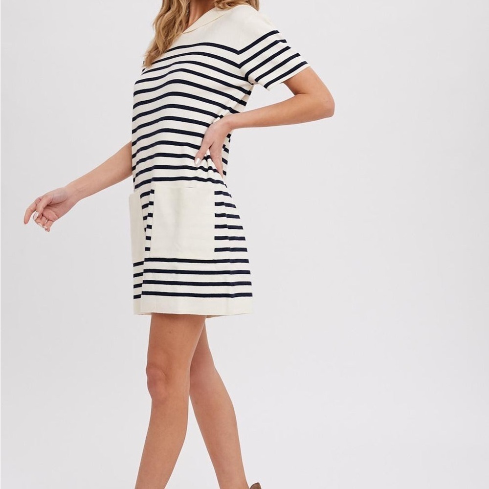 Zara Striped Knit Mini Dress Small Sailor Lapel Collar Pockets Cream Navy Costal - Picture 6 of 16